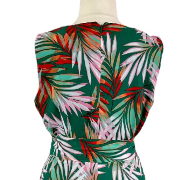 Tahari Maxi Dress V-neck Tie Waist Chiffon Green Tropical Leaf Women’s Size 16 - Picture 11 of 13